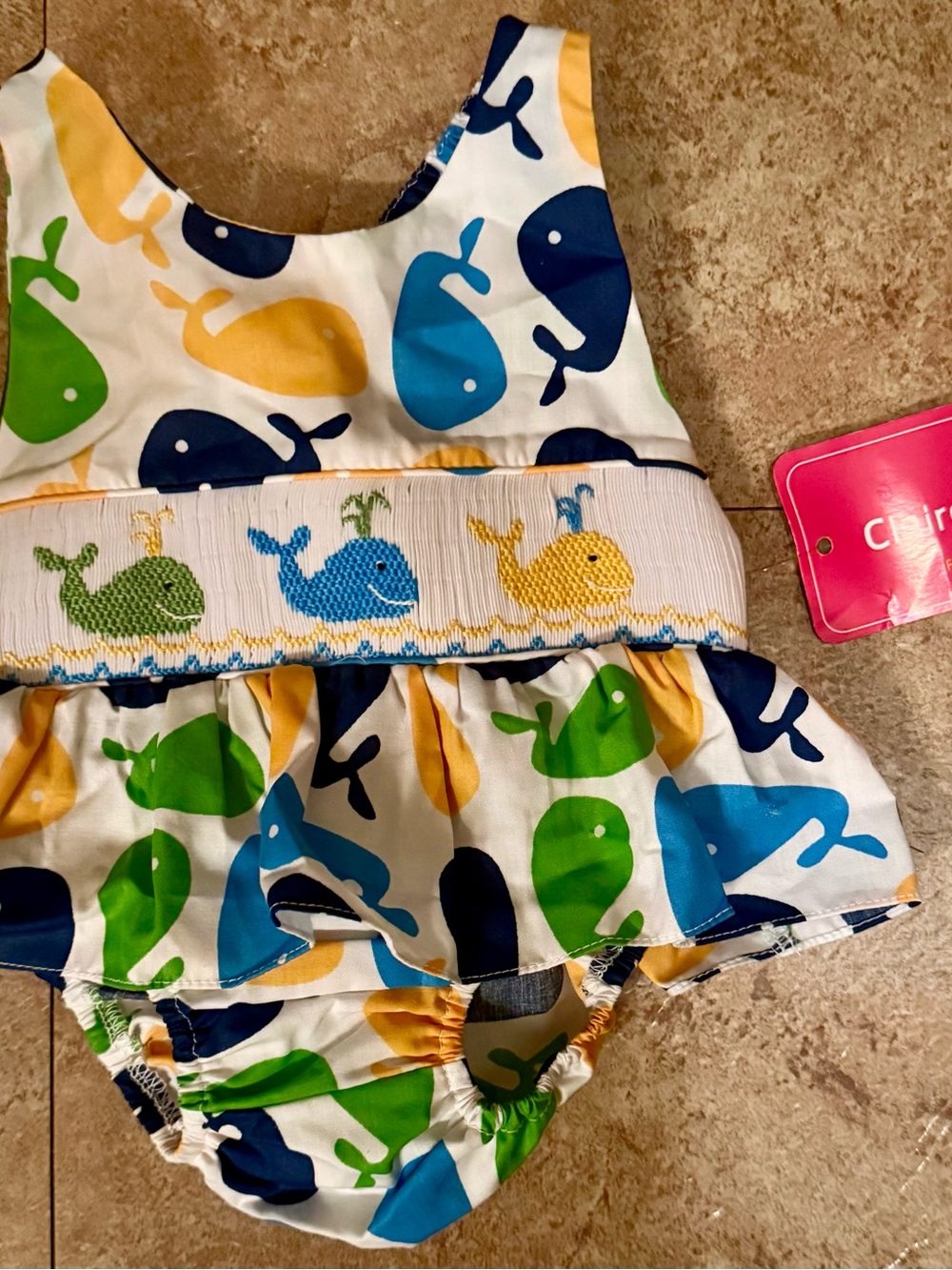 NWT Claire & Charlie Boutique Baby Swimsuit Bikini Smocked w/ Embroidered Whales